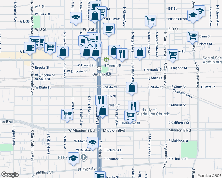map of restaurants, bars, coffee shops, grocery stores, and more near 1000 East Main Street in Ontario