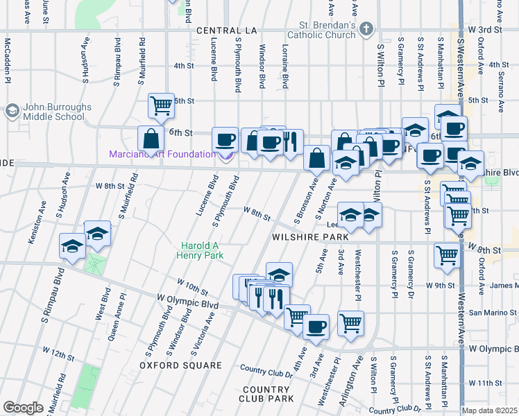 map of restaurants, bars, coffee shops, grocery stores, and more near 739 Lorraine Boulevard in Los Angeles