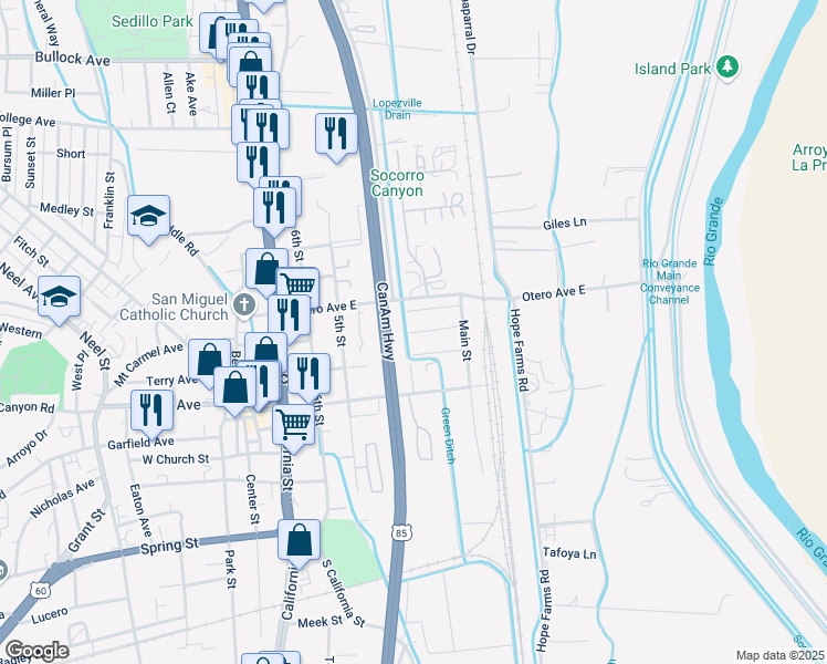 map of restaurants, bars, coffee shops, grocery stores, and more near 513 Otero Avenue East in Socorro