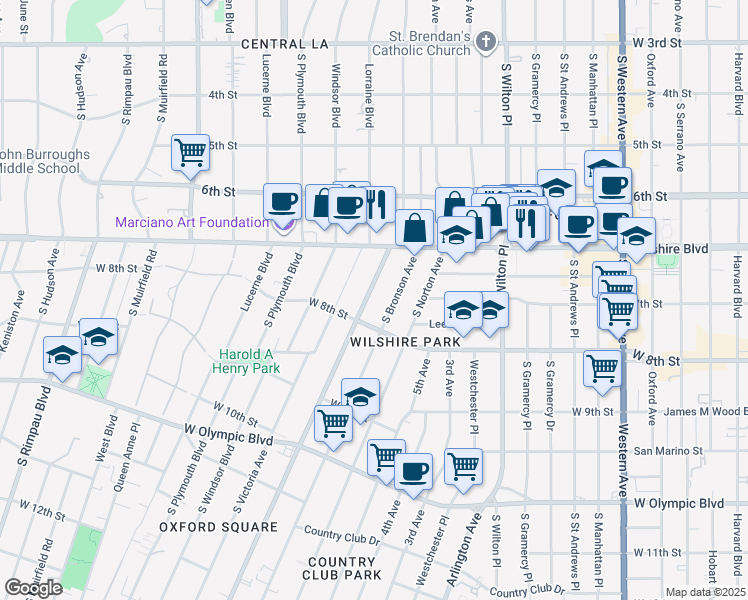 map of restaurants, bars, coffee shops, grocery stores, and more near 730 Crenshaw Boulevard in Los Angeles