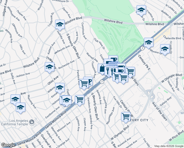 map of restaurants, bars, coffee shops, grocery stores, and more near 1657 Comstock Avenue in Los Angeles