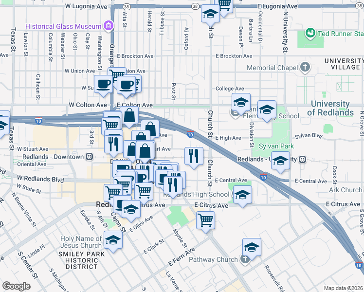 map of restaurants, bars, coffee shops, grocery stores, and more near 424 East High Avenue in Redlands