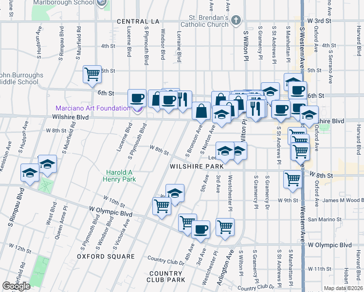 map of restaurants, bars, coffee shops, grocery stores, and more near 730 Crenshaw Boulevard in Los Angeles