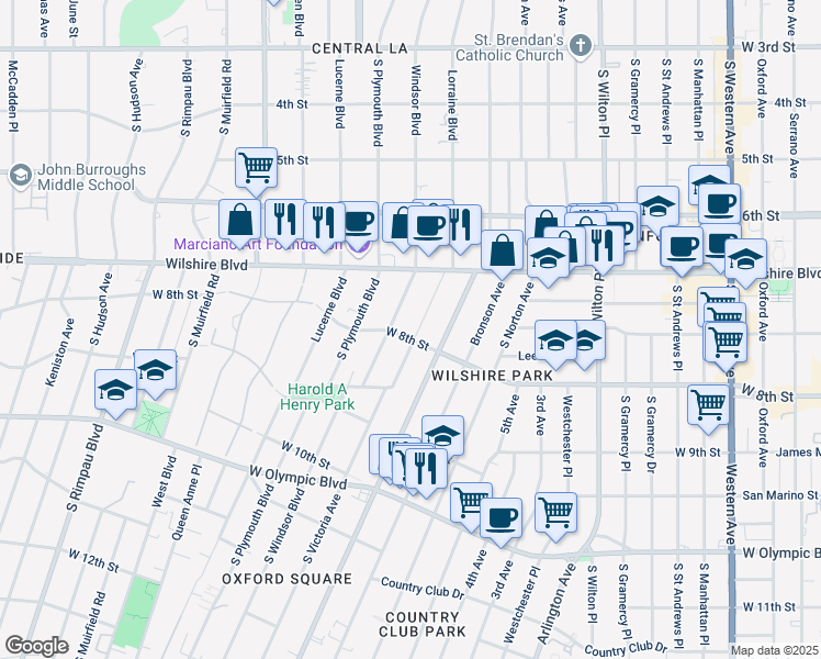 map of restaurants, bars, coffee shops, grocery stores, and more near 715 Lorraine Boulevard in Los Angeles