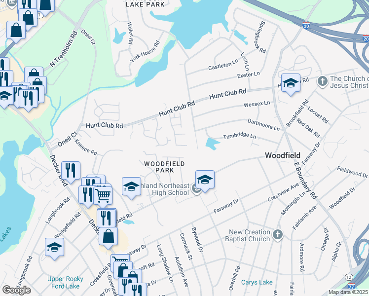 map of restaurants, bars, coffee shops, grocery stores, and more near 7602 Hunt End Court in Columbia