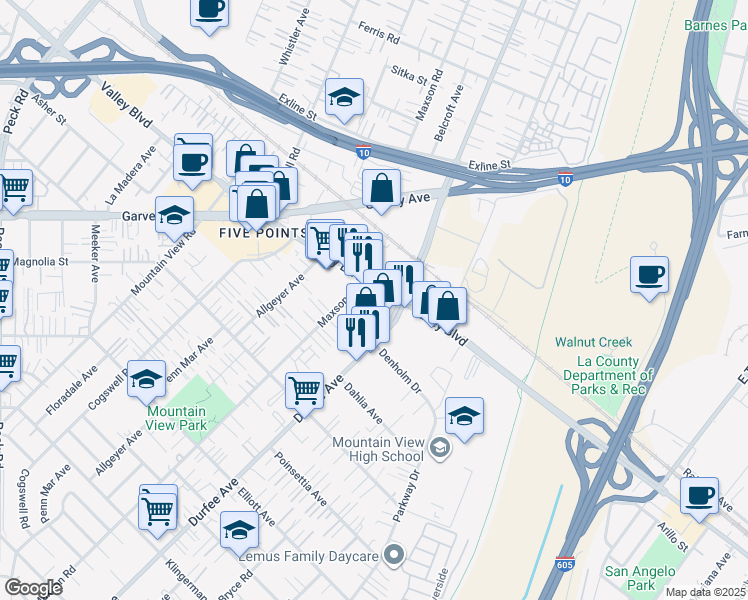 map of restaurants, bars, coffee shops, grocery stores, and more near 12236 Valley Boulevard in El Monte