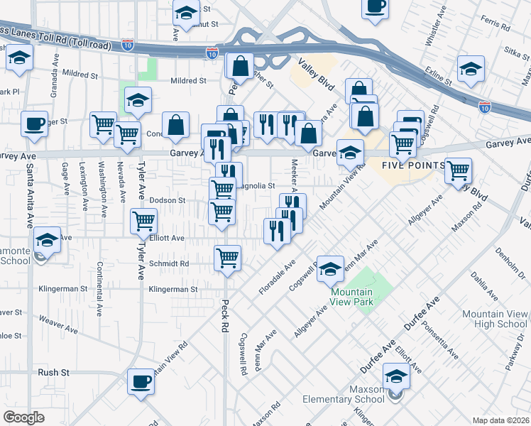 map of restaurants, bars, coffee shops, grocery stores, and more near 11426 Dodson Street in El Monte