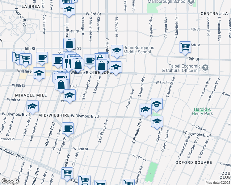 map of restaurants, bars, coffee shops, grocery stores, and more near 816 South Longwood Avenue in Los Angeles