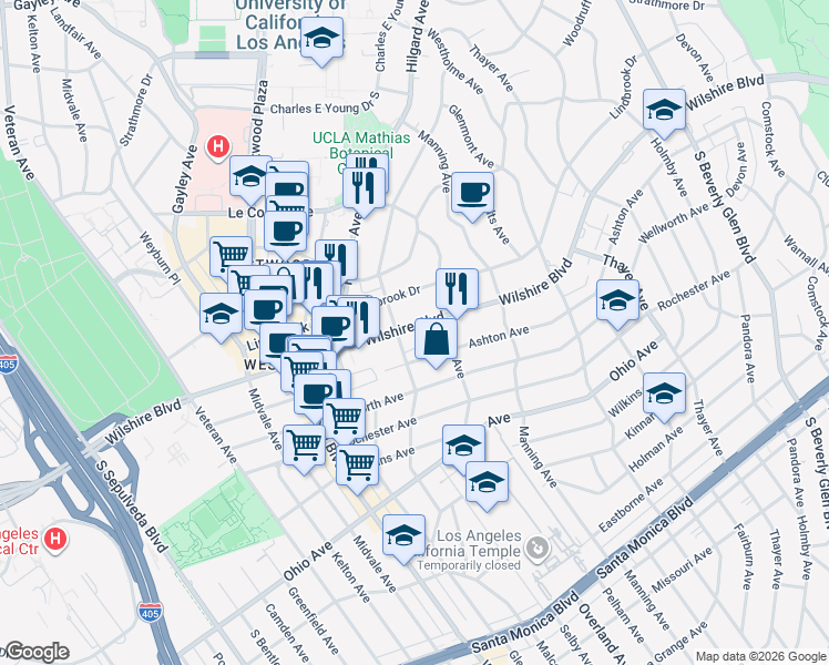 map of restaurants, bars, coffee shops, grocery stores, and more near 10763 Wilshire Boulevard in Los Angeles