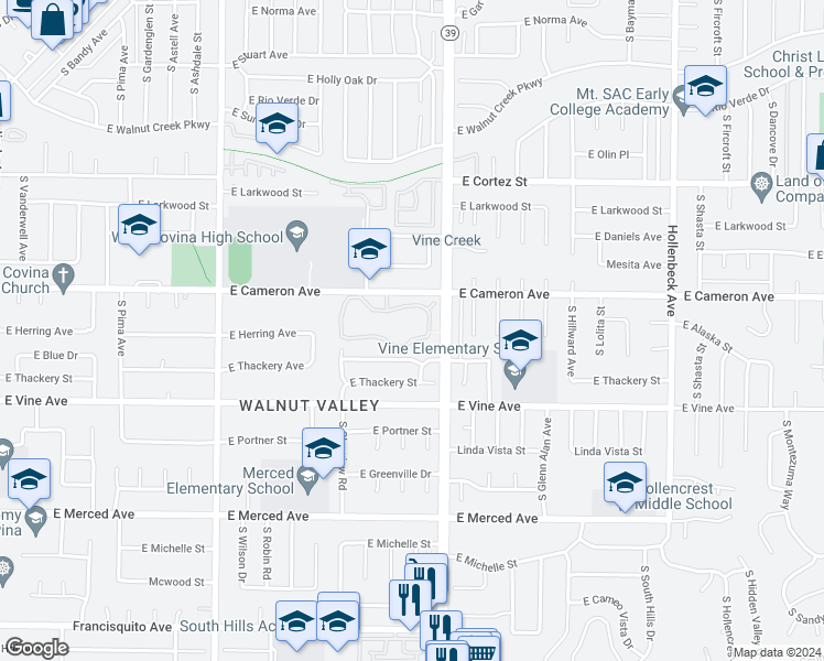 map of restaurants, bars, coffee shops, grocery stores, and more near 1720 Aspen Village Way in West Covina