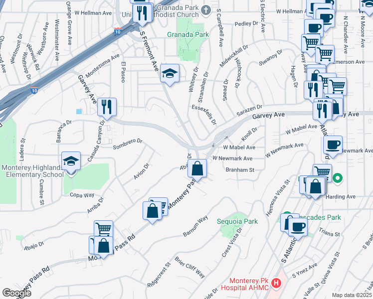 map of restaurants, bars, coffee shops, grocery stores, and more near 1001 Abajo Drive in Monterey Park