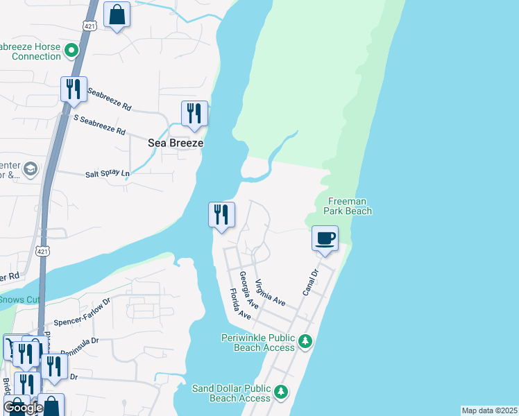 map of restaurants, bars, coffee shops, grocery stores, and more near 423 Oceana Way in Carolina Beach