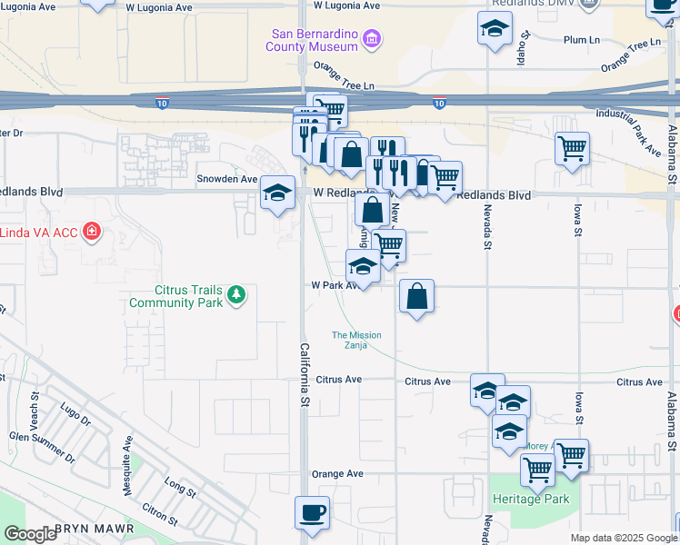 map of restaurants, bars, coffee shops, grocery stores, and more near 2061 West Redlands Boulevard in Redlands