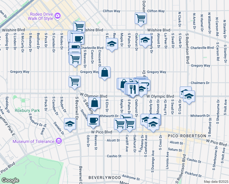 map of restaurants, bars, coffee shops, grocery stores, and more near Rexford Drive in Los Angeles