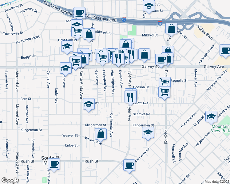 map of restaurants, bars, coffee shops, grocery stores, and more near 2640 Washington Avenue in El Monte