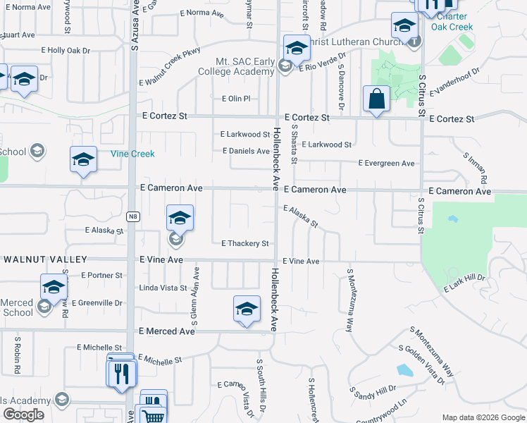 map of restaurants, bars, coffee shops, grocery stores, and more near 2131 East Alaska Street in West Covina