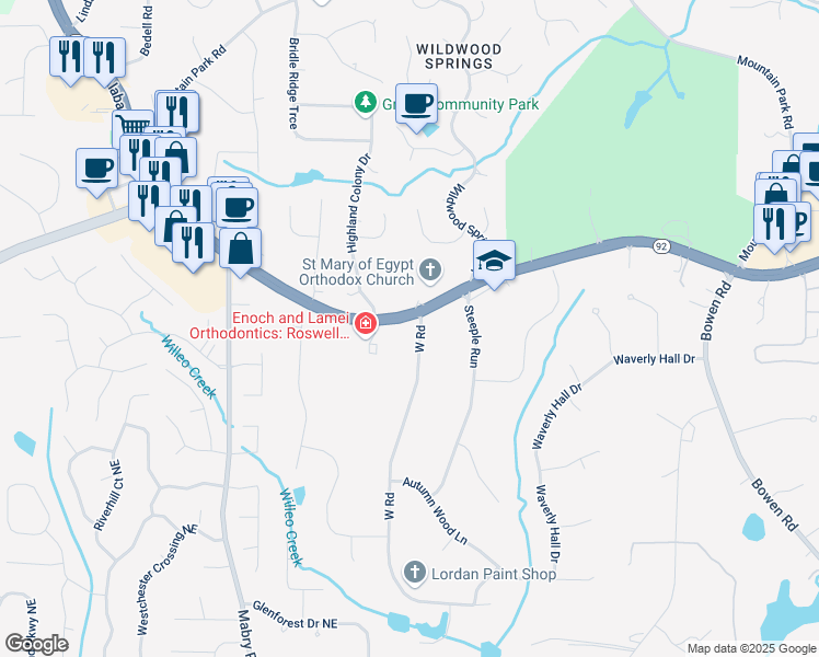 map of restaurants, bars, coffee shops, grocery stores, and more near 1775 Woodstock Road in Roswell