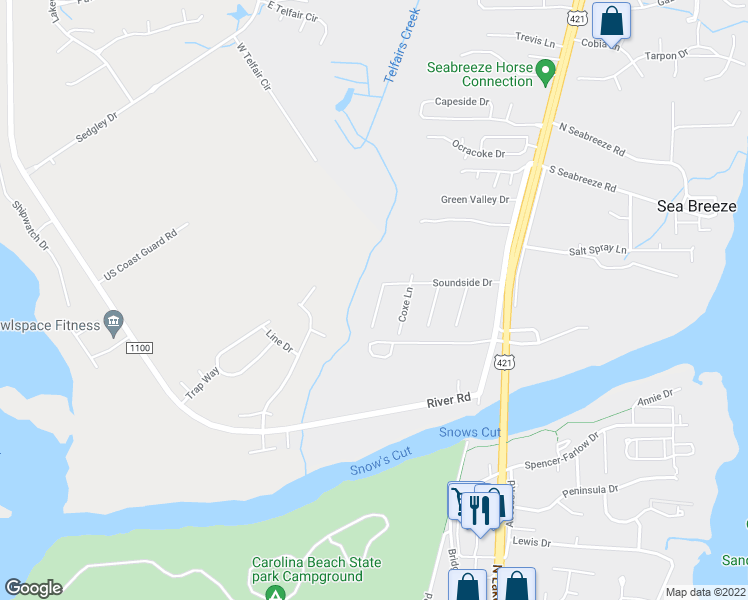 map of restaurants, bars, coffee shops, grocery stores, and more near 525 Soundside Drive in Wilmington