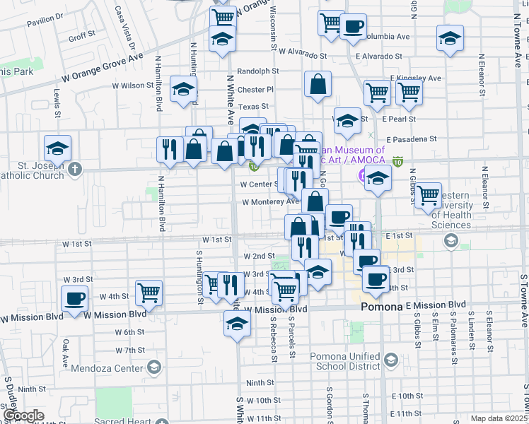 map of restaurants, bars, coffee shops, grocery stores, and more near 525 West Monterey Avenue in Pomona