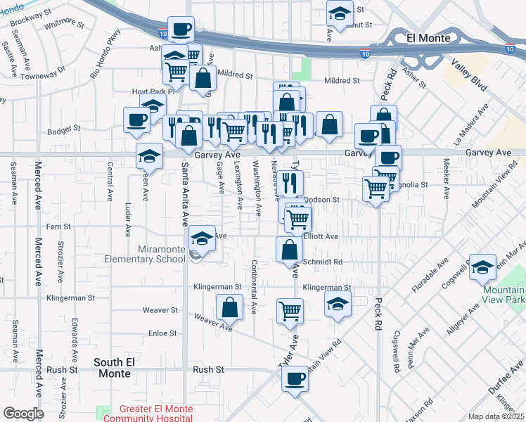 map of restaurants, bars, coffee shops, grocery stores, and more near 2640 Washington Avenue in El Monte