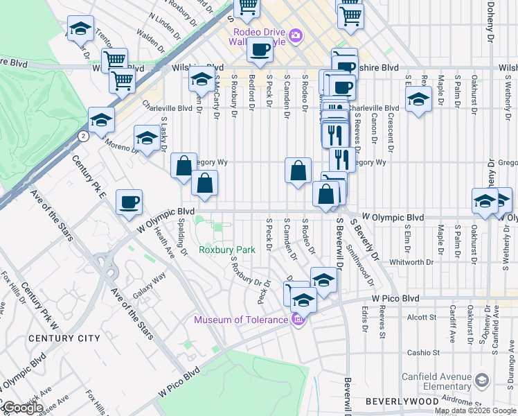 map of restaurants, bars, coffee shops, grocery stores, and more near 340 South Bedford Drive in Beverly Hills