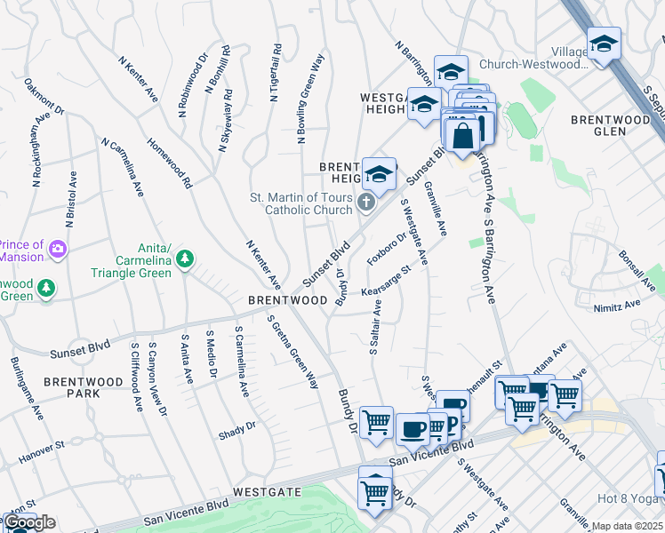 map of restaurants, bars, coffee shops, grocery stores, and more near 12100 Sunset Boulevard in Los Angeles