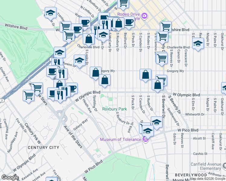 map of restaurants, bars, coffee shops, grocery stores, and more near 9683 West Olympic Boulevard in Beverly Hills