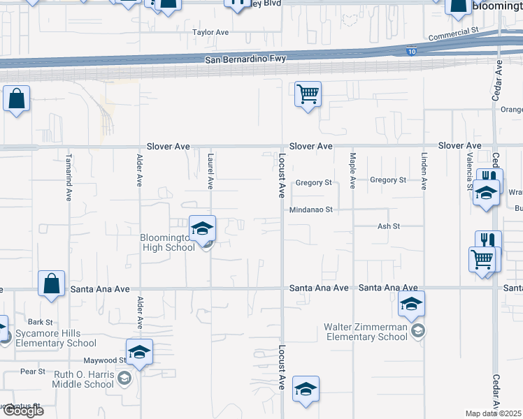 map of restaurants, bars, coffee shops, grocery stores, and more near 10674 Locust Avenue in Bloomington