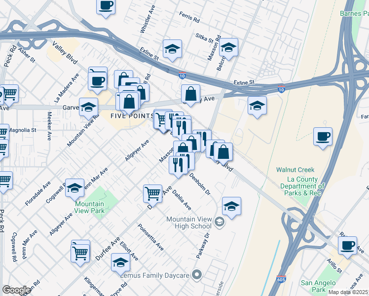map of restaurants, bars, coffee shops, grocery stores, and more near 12233 Valley Boulevard in El Monte