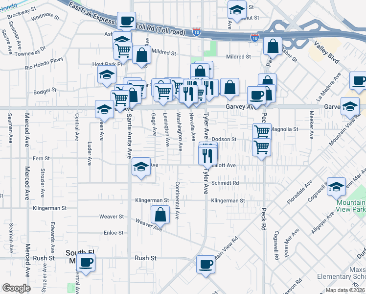 map of restaurants, bars, coffee shops, grocery stores, and more near 2701 Washington Avenue in El Monte