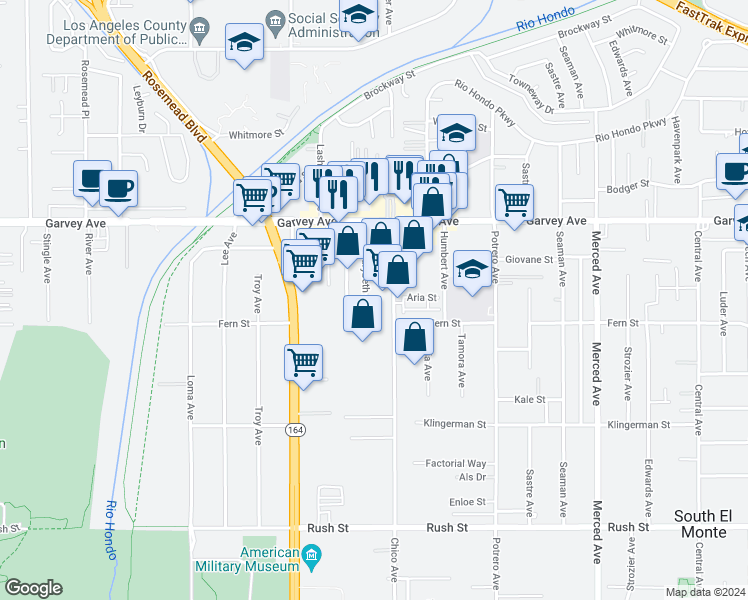 map of restaurants, bars, coffee shops, grocery stores, and more near 2653 Chico Avenue in South El Monte