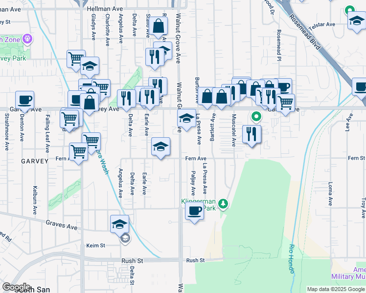 map of restaurants, bars, coffee shops, grocery stores, and more near 2656 Walnut Grove Avenue in Rosemead