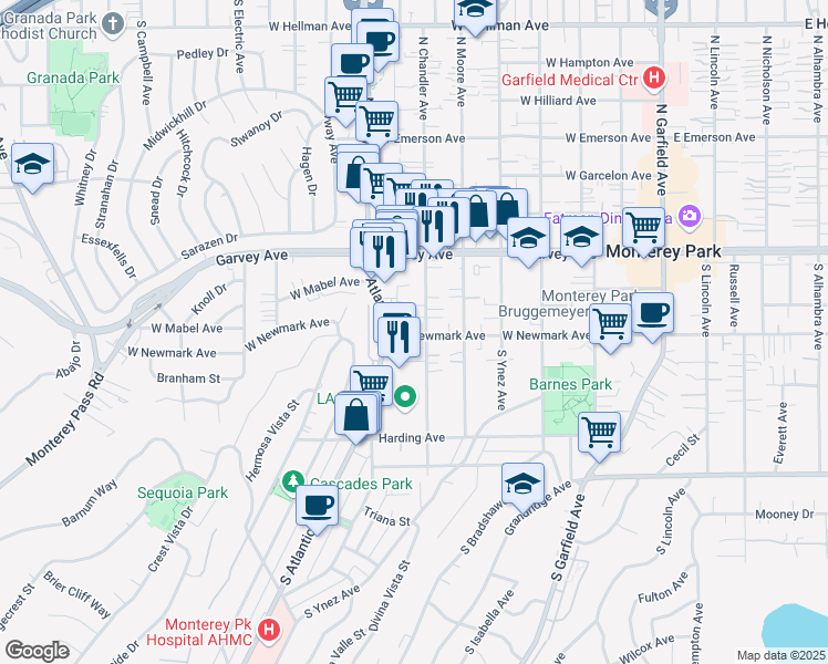 map of restaurants, bars, coffee shops, grocery stores, and more near 229 South Chandler Avenue in Monterey Park