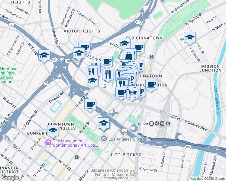 map of restaurants, bars, coffee shops, grocery stores, and more near 636 North Hill Place in Los Angeles