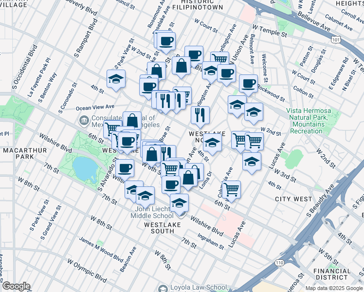 map of restaurants, bars, coffee shops, grocery stores, and more near 326 South Burlington Avenue in Los Angeles