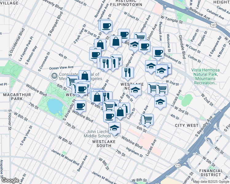 map of restaurants, bars, coffee shops, grocery stores, and more near 326 South Burlington Avenue in Los Angeles