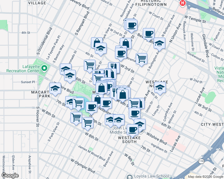 map of restaurants, bars, coffee shops, grocery stores, and more near 415 South Westlake Avenue in Los Angeles