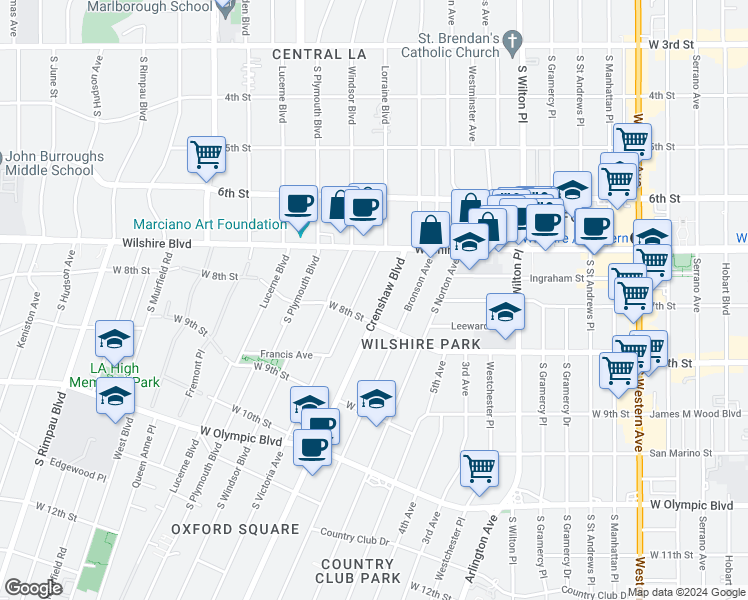 map of restaurants, bars, coffee shops, grocery stores, and more near 709 Crenshaw Boulevard in Los Angeles