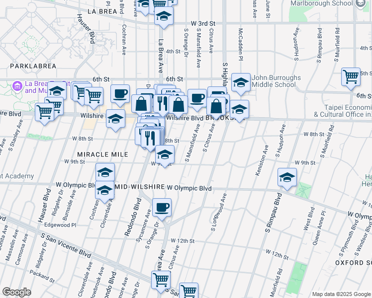 map of restaurants, bars, coffee shops, grocery stores, and more near 757 South Orange Drive in Los Angeles