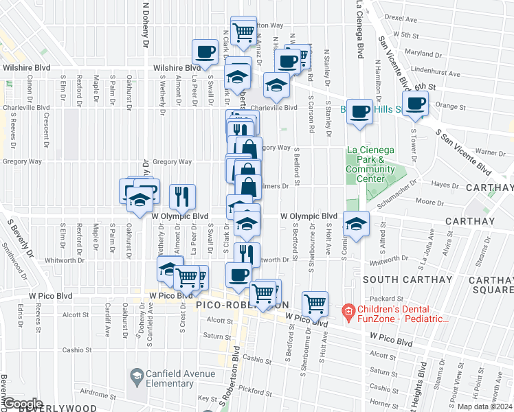 map of restaurants, bars, coffee shops, grocery stores, and more near 906 South Robertson Boulevard in Los Angeles