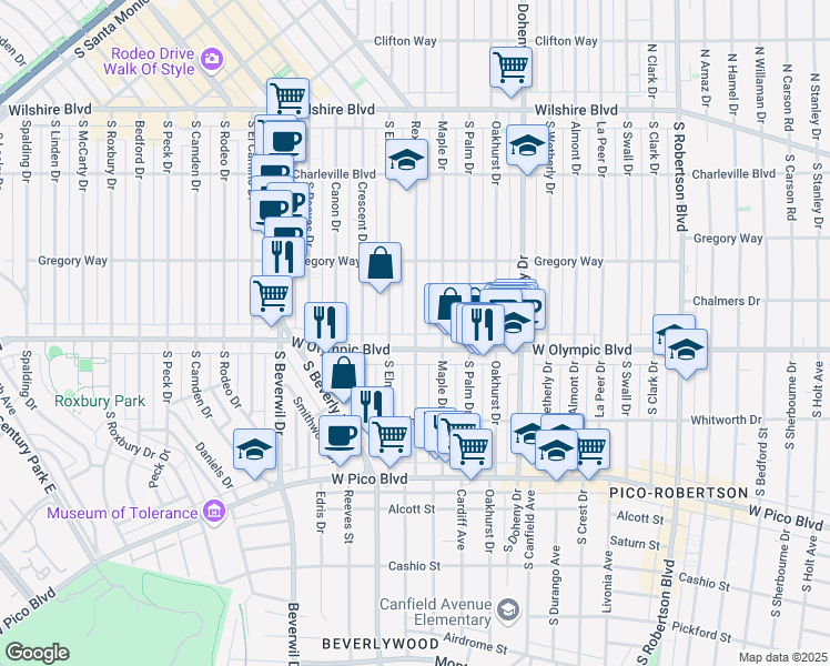 map of restaurants, bars, coffee shops, grocery stores, and more near 344 South Rexford Drive in Beverly Hills