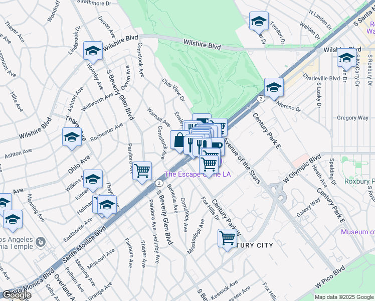 map of restaurants, bars, coffee shops, grocery stores, and more near 1724 Warnall Avenue in Los Angeles