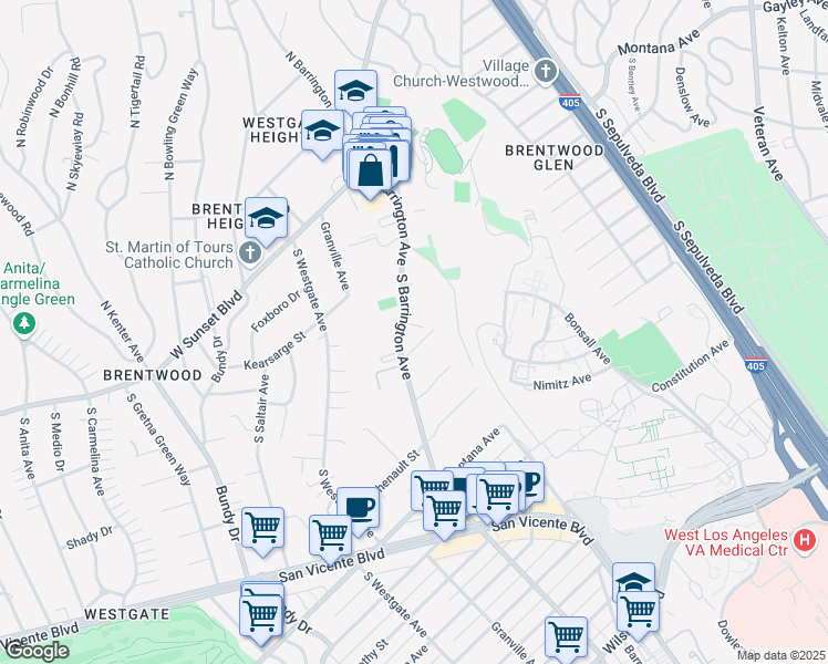 map of restaurants, bars, coffee shops, grocery stores, and more near 419 1/2 South Barrington Avenue in Los Angeles