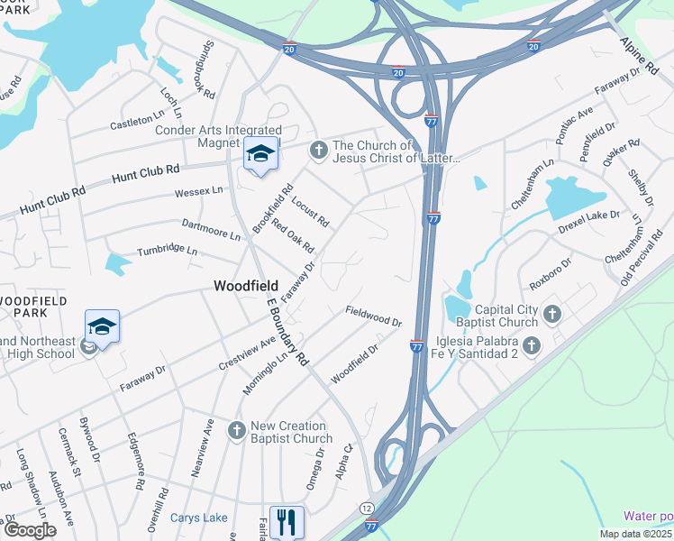 map of restaurants, bars, coffee shops, grocery stores, and more near 2120 Faraway Drive in Columbia