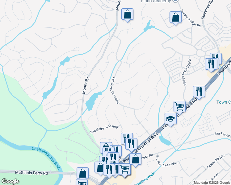 map of restaurants, bars, coffee shops, grocery stores, and more near 950 Landover Crossing in Suwanee