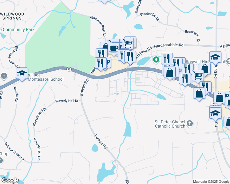 map of restaurants, bars, coffee shops, grocery stores, and more near 2406 Village Lane in Roswell
