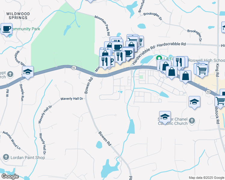 map of restaurants, bars, coffee shops, grocery stores, and more near 600 Village Trace Northeast in Marietta