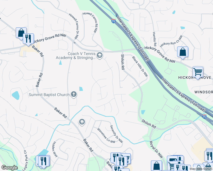 map of restaurants, bars, coffee shops, grocery stores, and more near 2168 Sugar Maple Court Northwest in Acworth