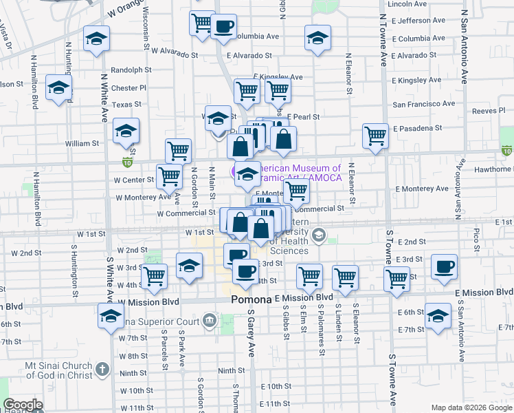 map of restaurants, bars, coffee shops, grocery stores, and more near 127 East Commercial Street in Pomona
