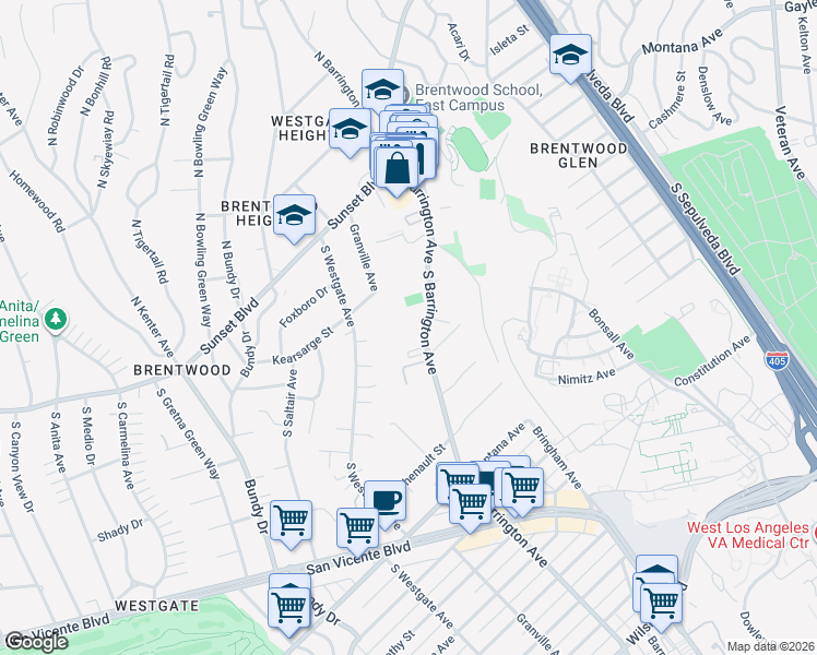 map of restaurants, bars, coffee shops, grocery stores, and more near 441 South Barrington Avenue in Los Angeles